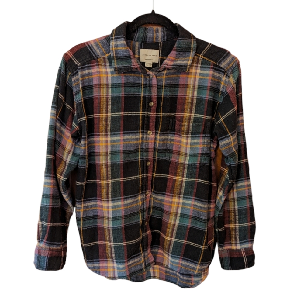 American Eagle 100% Cotton Boyfriend Fit Plaid Long Sleeve Flannel Top Womens XS
